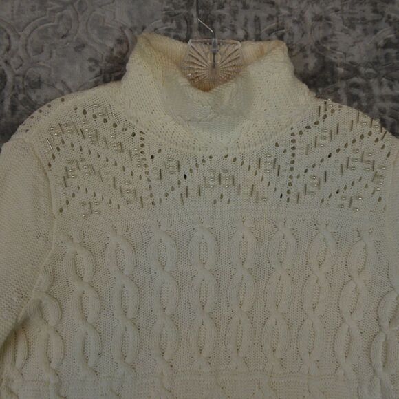 WHBM Sweater Women's Small Ivory Mock Neck Embellished Fringed Cable Knit - Picture 2 of 11